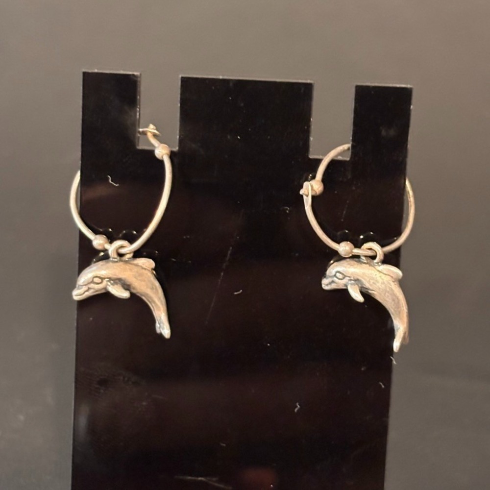 Vintage‎ Sterling silver 925 signed dolphin hoop earrings for pierced ears